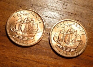 1964 Great Britain Half Pennies/Set of 2 ~ Gem Choice Brilliant Uncirculated - Picture 1 of 6