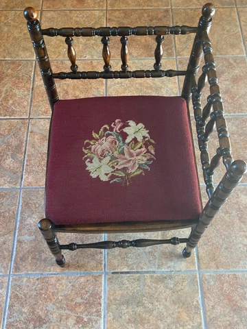 Antique Corner Chair stained wood with needlepoint seat Cover