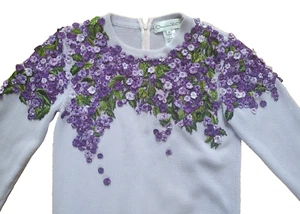 Oscar de la Renta Purple Embroidered Floral Lilac Sweater Sz XS Art to Wear - Picture 1 of 8