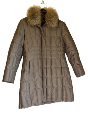 1 Madison Long Puffer Coat Taupe Fox Fur Removable Collar Quilted Jacket Med - Image 1 of 4