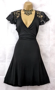 LIPSY Plunge Neck Fit & Flare Dress Sz 14 Black Lace Trim Evening Cocktail Party - Picture 1 of 13
