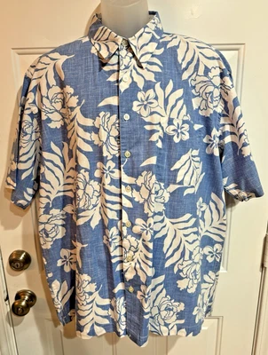 Old Navy Men's XL Button Up Shirt Blue White Floral Hawaiian Palm Print - Image 1 of 4