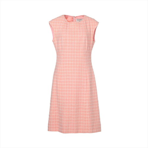 Abito smanicato Chanel Coco bottoni lana nylon 42 bianco rosa BC