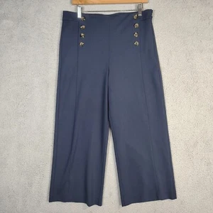 Ann Taylor The Kate Sailor Pants Women's 12 Navy Blue Button Front Wide Leg Crop - Picture 1 of 16