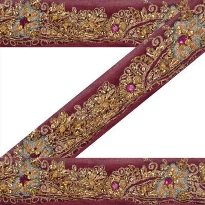 Borde de sari vintage sánscrito con cuentas a mano indio 1 yarda decoración adornos encaje 2'W púrpura Foto 1 de 4