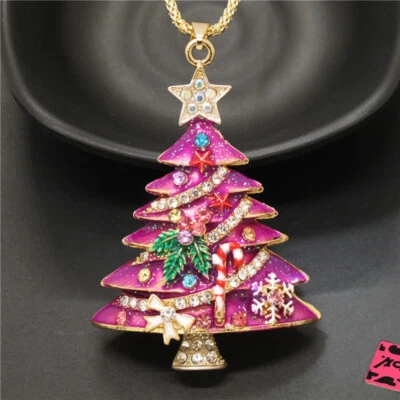 Fashion Women Cute Rose Enamel Christmas Tree Crystal Pendant Chain Necklace - Image 1 of 4
