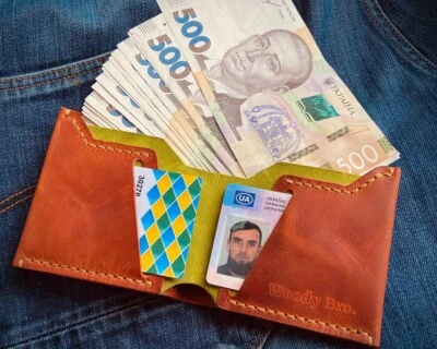 Cartera de cuero Crazy Horse hecha a mano para hombre pomelo y pistacho doble pliegue Foto 1 de 4