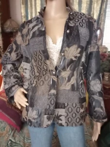 Women's Boho Elegant Blazer Jacket Coat Black Grey and Tan Floral Sm Med JA01 - Picture 1 of 13