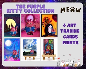 Lot of 6 ACEO Cat Art Prints Purple Kitty Landscapes Fantasy Artwork Painting - Picture 1 of 9