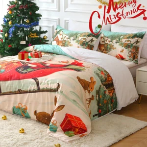 XMAS DUVET COVER SET 3PCS GREEN CHRISTMAS TREE SNOWMAN DEER PATTERN FAMILY GIFT - Picture 1 of 14