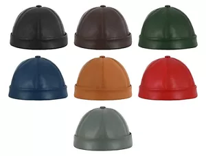 Men's Genuine Leather Skullcap Sailor Cap Hat Beanie Rolled Cuff Brimless Caps - Picture 1 of 23