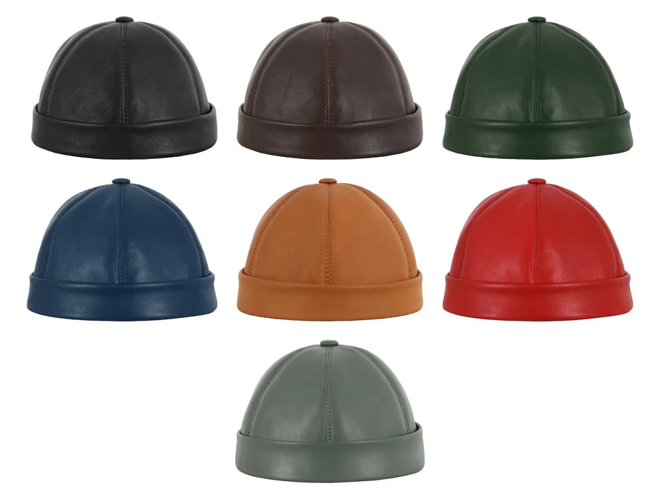 Men's Genuine Leather Skullcap Sailor Cap Hat Beanie Rolled Cuff Brimless Caps - Image 1 of 1