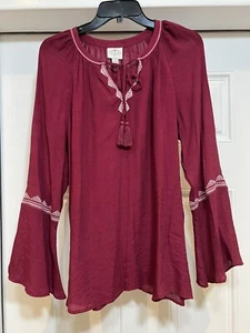 St John Bay women blouse Red Wine embroidery boho tassel long sleeves size L - Picture 1 of 8