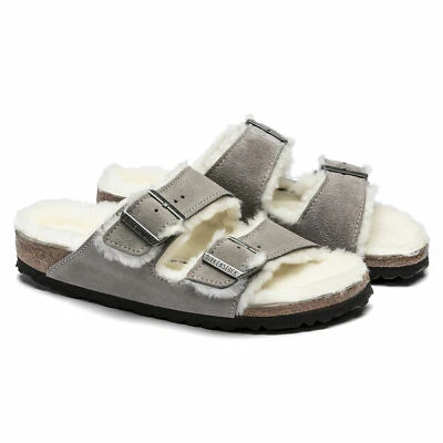 Birkenstock ARIZONA Fur Stone Coin grau Shearling Lammfell Nubuk schmale Weite