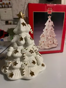 Weihnachtsbaum Elfenbein mit Goldrand Akzenten Porzellan verwendet Teelicht 8-3/4" H - Bild 1 von 17
