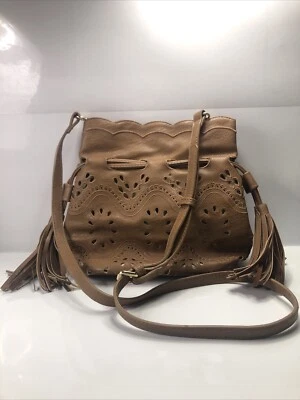 SONDRA ROBERTS SQUARED BOHO Fringe Tan Faux Leather Crossbody Purse Drawstring - Image 1 of 4