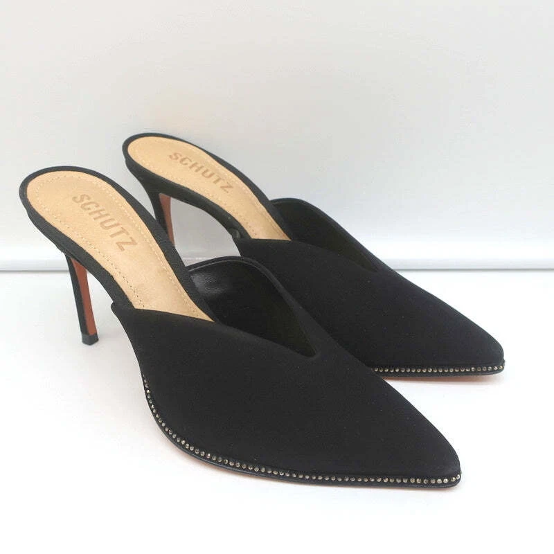 Schutz Crystal-Trim Mules Heliconia Negro Gamuza Talla 6 Punta Tacones Foto 1 de 4