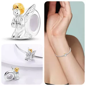 Genuine S925 Sterling Silver Silicone Stopper Guardian Praying Angel Wing Charm - Picture 1 of 2