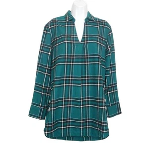 Lee Tunic Top Womens M L Green Plaid Flannel V-Neck Long Sleeve Button Detail - Picture 1 of 15