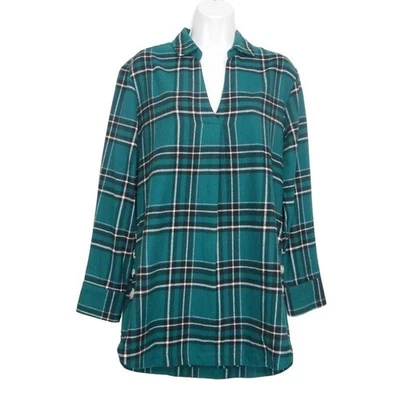 Lee Tunic Top Womens M L Green Plaid Flannel V-Neck Long Sleeve Button Detail - Image 1 of 4