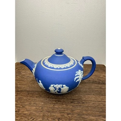 Vintage Wedgwood Elegant Blue Jasperware Teapot with White Bas Relief Classical - Image 1 of 4