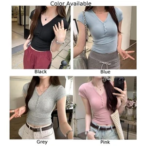 Slim Fit Casual For Women's Top with a Vintage Feel in V Neck and Short Sleeves - Picture 1 of 32