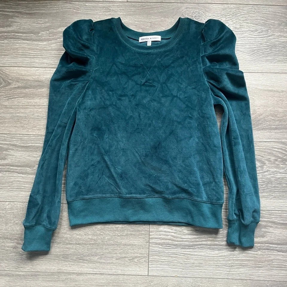 Rebecca Minkoff Teal Blue Green Long Puff Sleeve Velvet Velour Sweater Size XS - Image 1 of 4