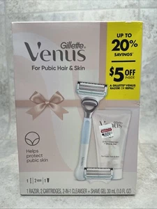 Gillette Venus for Pubic Hair & Skin Razor 2 Cartridges 2-in-1 Cleanse Shave Gel - Picture 1 of 3
