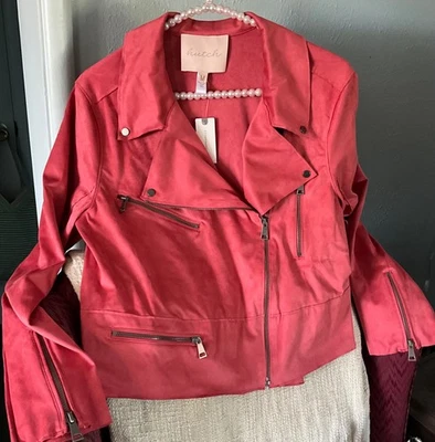 NUEVO CON ETIQUETAS ANTHROPOLOGIE HUTCH IMITACIÓN GAMUZA CREMALLERA MOTO CHAQUETA ABRIGO CORAL ROSA M Foto 1 de 4