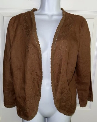 e-col-o-gie Sz Large Brown 100% Linen Embroidered Crocheted Open Jacket EUC - Image 1 of 4