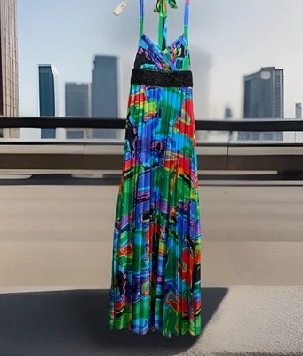 My Michelle S Colorful Pleated Satin Look Maxi Dress Beaded Empire Halter Gown  - Image 1 of 4