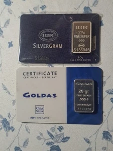 1 Goldas & 1 IGR Fractional 20g Silver Ounce Troy .999 fine Silver Bullion Cards - Picture 1 of 7