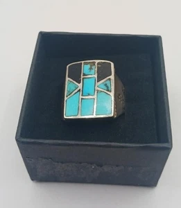 Vintage Turquoise and Onyx Men's Ring, Size 8 - Picture 1 of 5