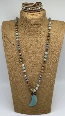 Conjunto de pulsera colgante de cuerno de jaspe amazonita de piedra semipreciosa de 18 pulgadas Foto 1 de 4