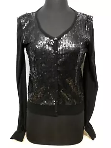 Say What? Top Button Up Sheer Sequin V Neck Long Sleeve Black Size Large - Picture 1 of 8