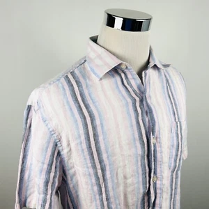 Saks Fifth Avenue XXL 100% Linen Casual Shirt Pink Blue Striped Short Sleeve - Picture 1 of 4