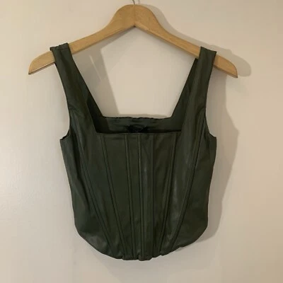 7 For All Mankind 女式人造皮革紧身胸衣上衣 M 军队绿色 Coquette Grunge — 第 1/4 张图片