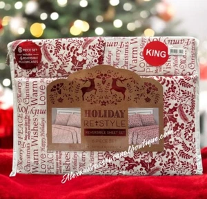 Christmas, Red White 6 Piece Holiday RE♧STYLE King Size Reversible Sheet Set New - Picture 1 of 8