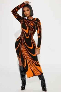 Moda Nova Amara Abstracto Suéter Tejido Maxi Vestido L/S NUEVO Talla XS Negro Naranja - Imagen 1 de 20
