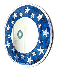 Espejo Pared Mosaico Diseño Estrella Redondo Azul y Transparente 40cm-Hecho a Mano en Bali-NUEVO - Imagen 1 de 8