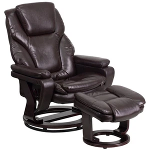 Contemporary Brown Leather Recliner and Ottoman w/ Swiveling Mahogany Wood Base - Picture 1 of 5