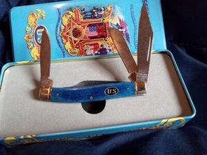 Raro cuchillo de bolsillo Schrade Walden azul unión estuche de lata 150 aniversario azul - Imagen 1 de 4