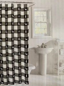 Eddie Bauer Black White Plaid Cotton Twill Shower Curtain Deer Tree Snowflake - Picture 1 of 8