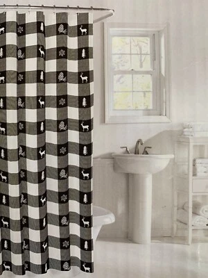Cortina de ducha Eddie Bauer negra blanca a cuadros de sarga de algodón ciervo árbol copo de nieve Foto 1 de 4
