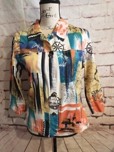 Kaktus Jacket Nautical  Large  Art to Wear Artsy Ship Map Button Blazer Stretch - Picture 1 of 3