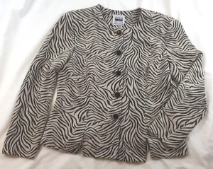 Leslie Fay Jacket Women Size 10P Black Beige Zebra Print Crepe Original Buttons - Picture 1 of 7