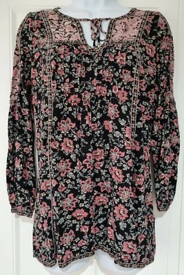 Womens Monsoon Black Pink Floral Long Sleeve Tassel Boho Peasant Smock Blouse 8. - Image 1 of 4