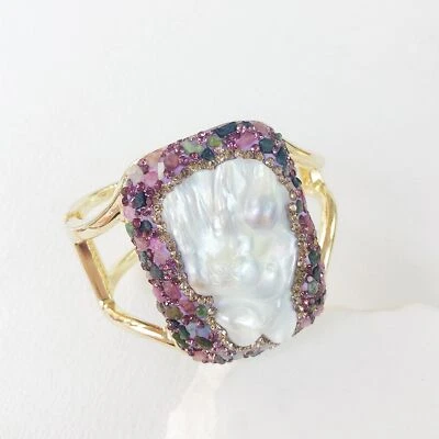 Натуральный барочный жемчуг кристалл камень широкий браслет шикарный женский ювелирный аксессуар - Изображение 1 из 4