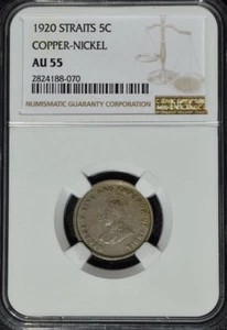 1920 Straits Settlements 5 Cents, Nickel, NGC AU 55, Malaysia - Picture 1 of 3