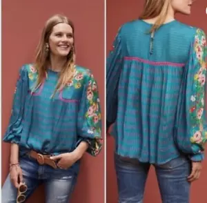 Blusa Anthropologie Bl-nk London Floral Verde azulado Floral Manga Larga Talla:XL - Imagen 1 de 5